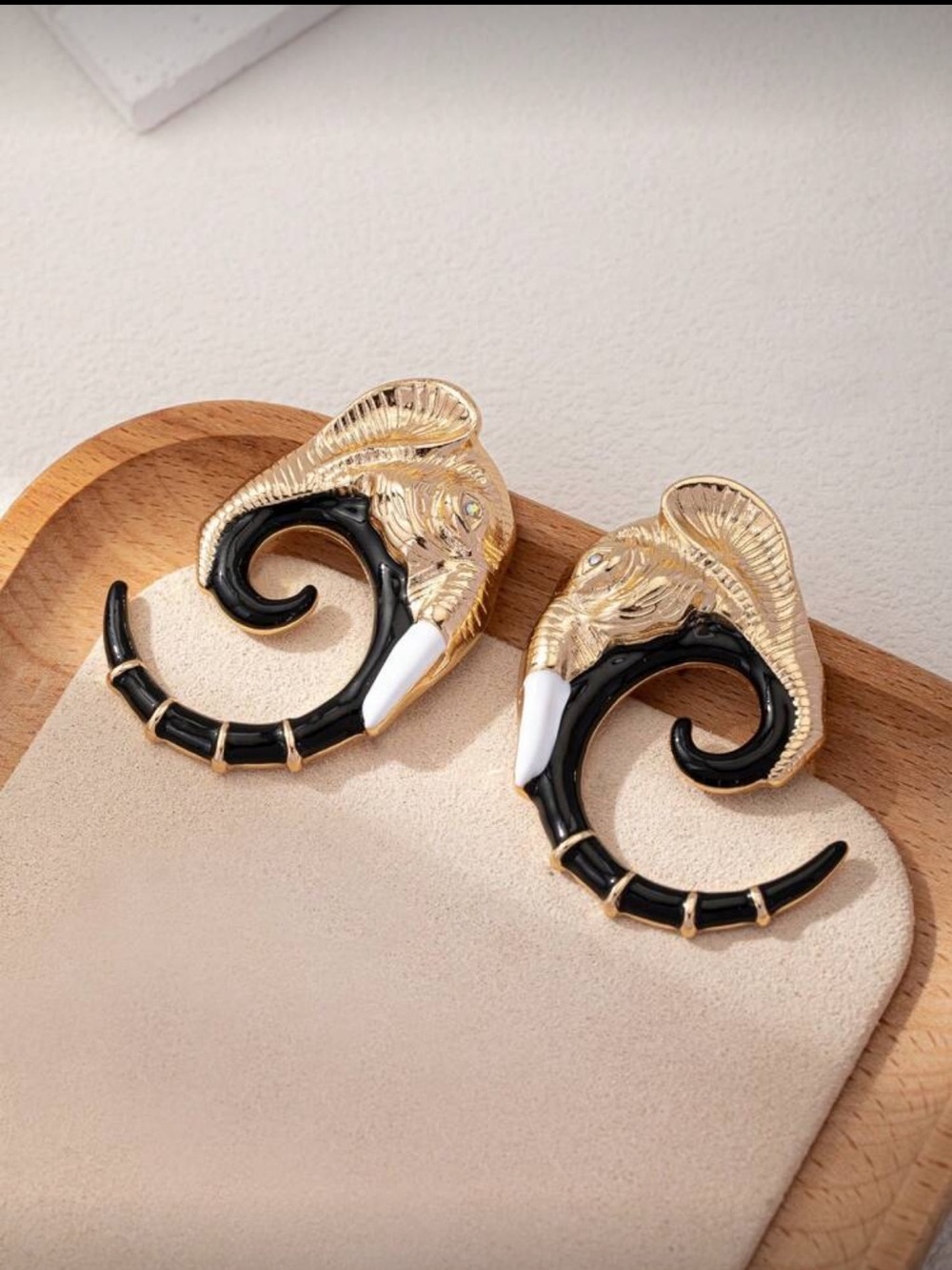 Gold and Black Elephant Spiral Hoop Earrings - Picture 2 of 5